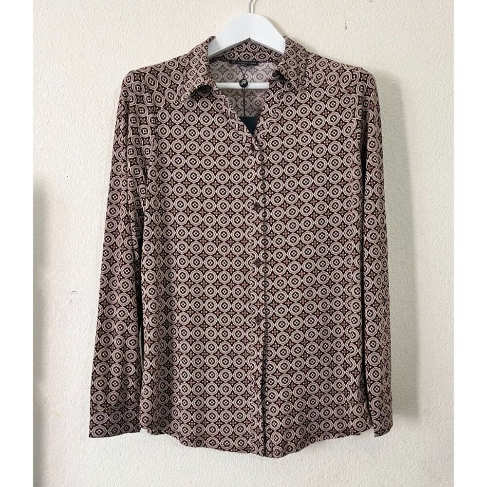 Adrianna Papell Womens Knit Button Front V-Neck Shirt Large Geo Print Brown New